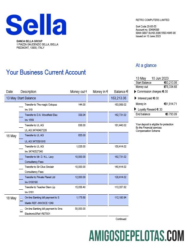 Realista Sella Bank Business Checking modelo de extrato de conta Word e PDF